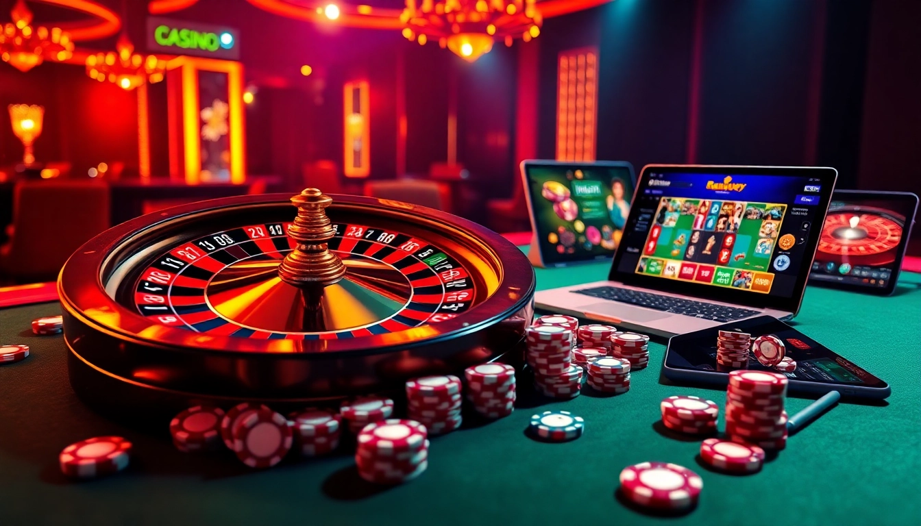 Experience thrilling online gambling at https://789p.gives/ with a vibrant casino scene featuring roulette wheels and poker chips.