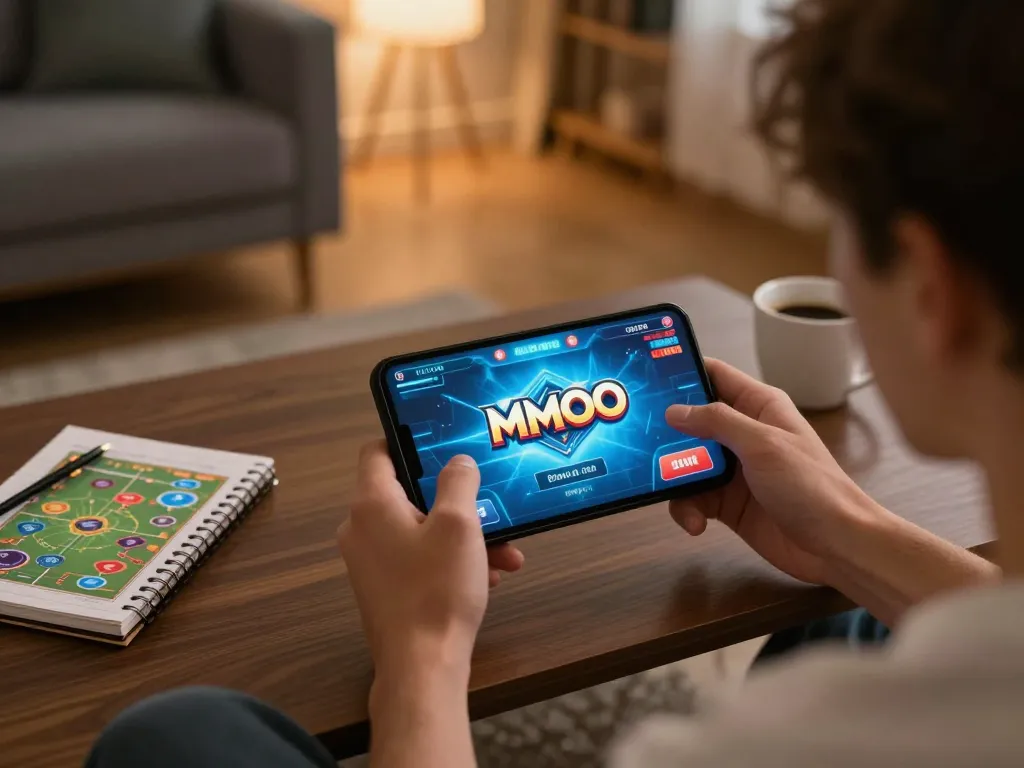 Engaged in MMOO mobile gaming, focused on strategy in a cozy living room