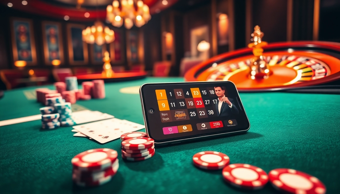 Experience thrilling gameplay at tk88 with vibrant poker chips and an engaging roulette wheel in a luxurious casino setting.