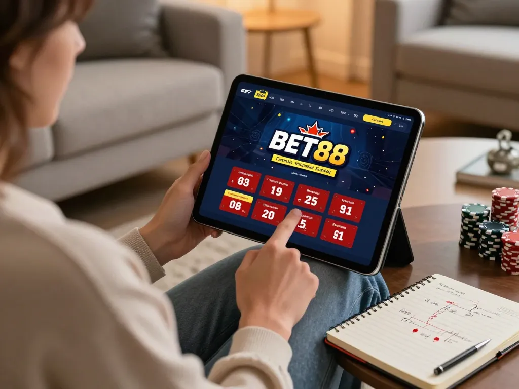 Engaging in online betting with the BET88 casino app on a tablet, showcasing a cozy home gaming environment.