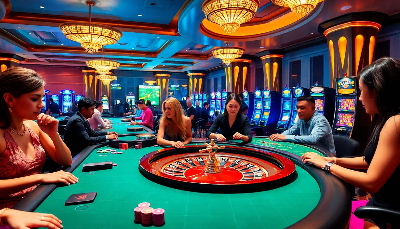 Active casino gamers enjoying their experience at xx88.com, surrounded by roulette wheels and poker chips.