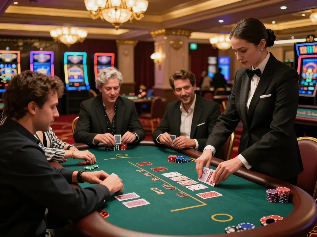 Players engaging in strategic blackjack gameplay at a luxury casino featuring sunwin themed decor and a lively atmosphere.