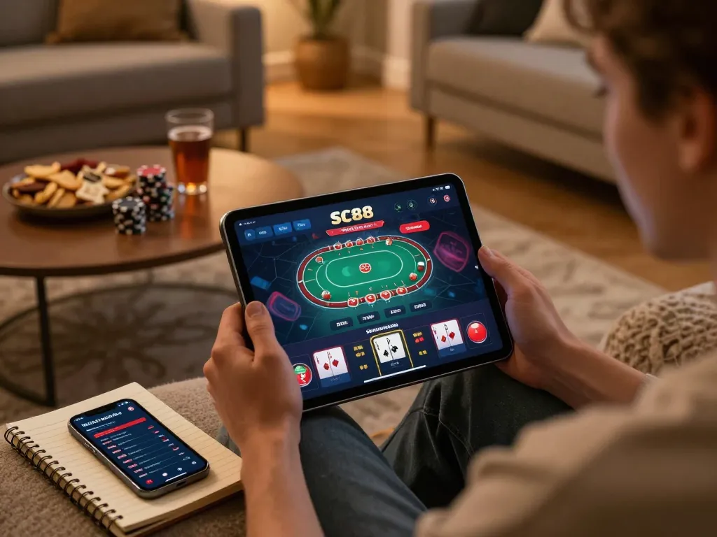 Player enjoying an online SC88 casino experience on a tablet in a cozy living room setting