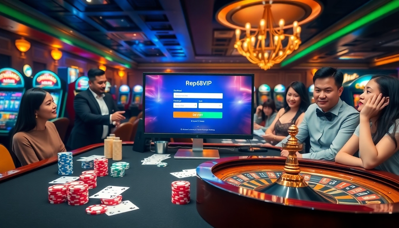 Engage with a thrilling table of poker while registering for Đăng Ký Nhà Cái 68VIP, surrounded by vibrant casino elements.