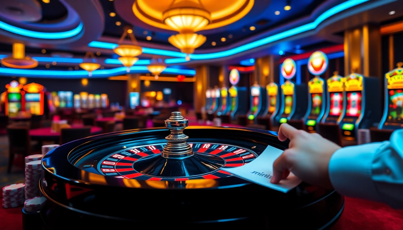 Players engage in thrilling bets at a luxurious casino featuring mint88 elements of poker chips and a roulette wheel.