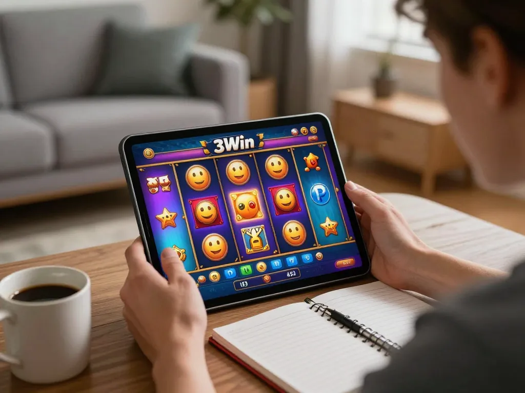Player enjoying 3Win online casino experience with exciting slots and strategic notes nearby