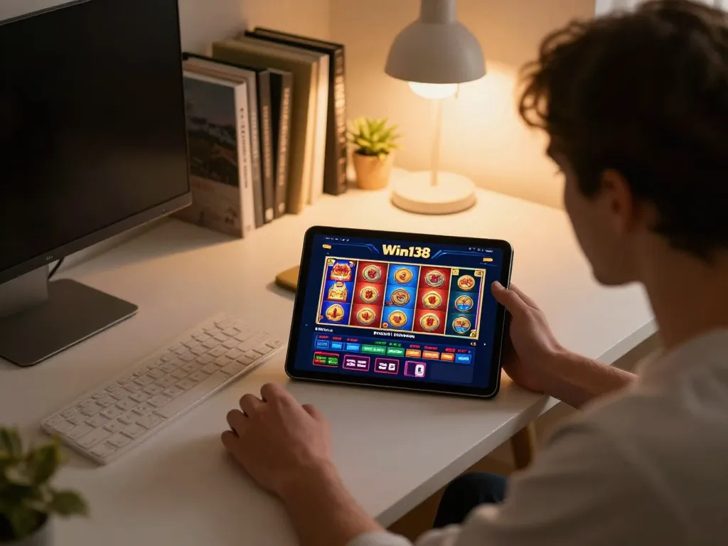 Engaging user exploring Win138 casino app on tablet for an immersive gaming experience