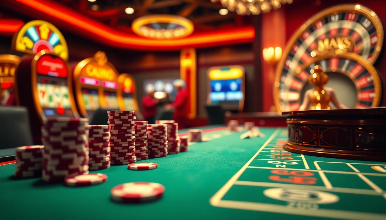 Experience thrilling online gaming at https://nk88.onl/ with players at poker tables and vibrant slot machines.