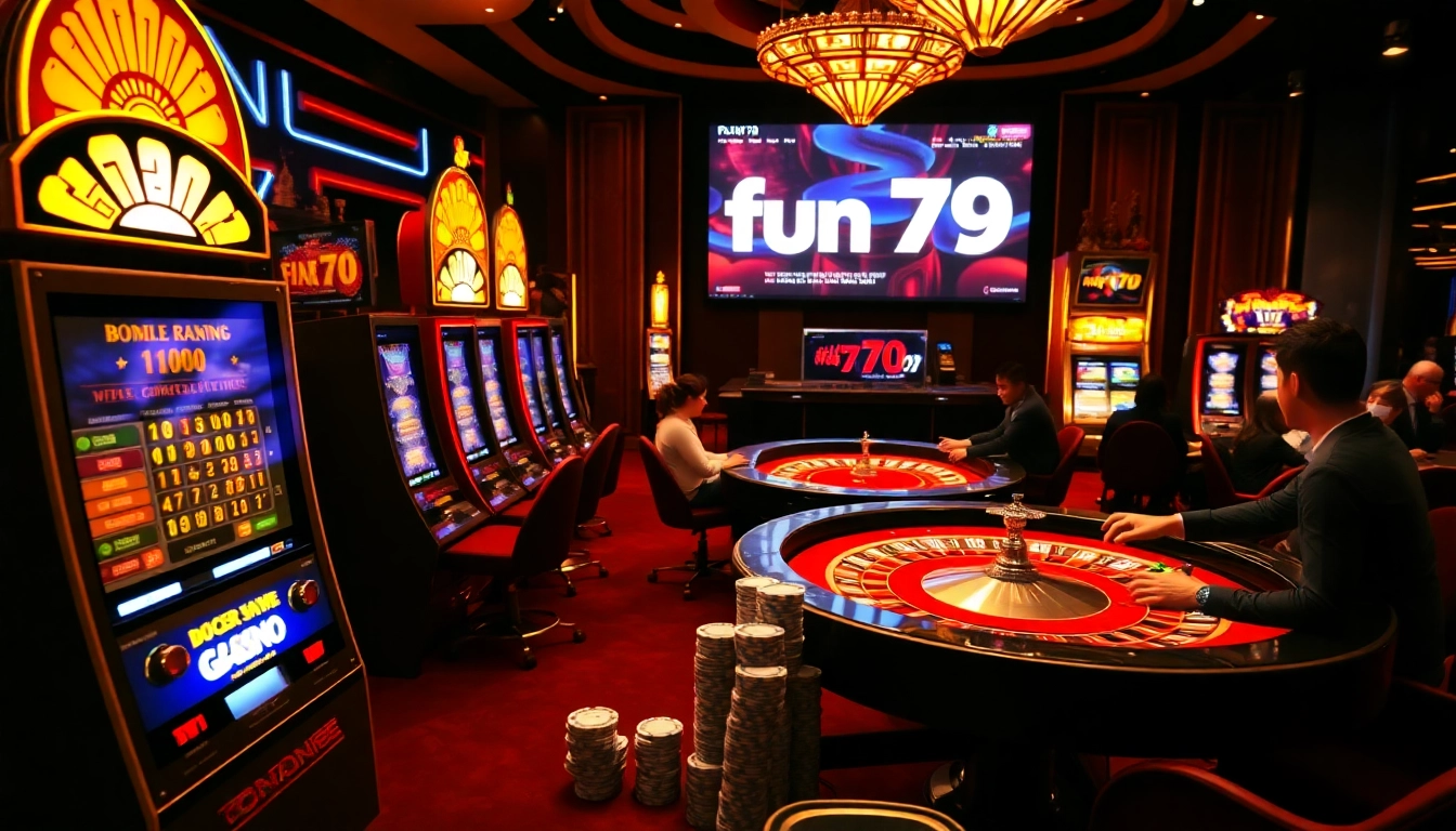 Exciting casino scene featuring fun 79 gambling tables and vibrant slot machines.