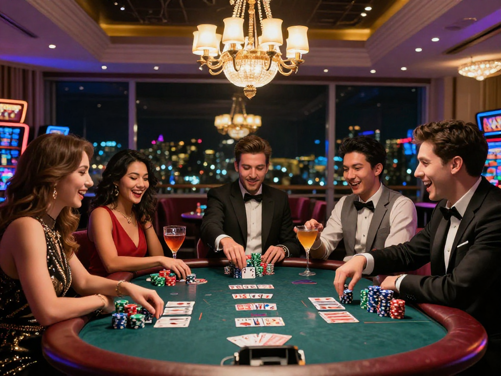 KOMBET168 poker celebration at an upscale casino with friends enjoying cocktails and vibrant atmosphere.
