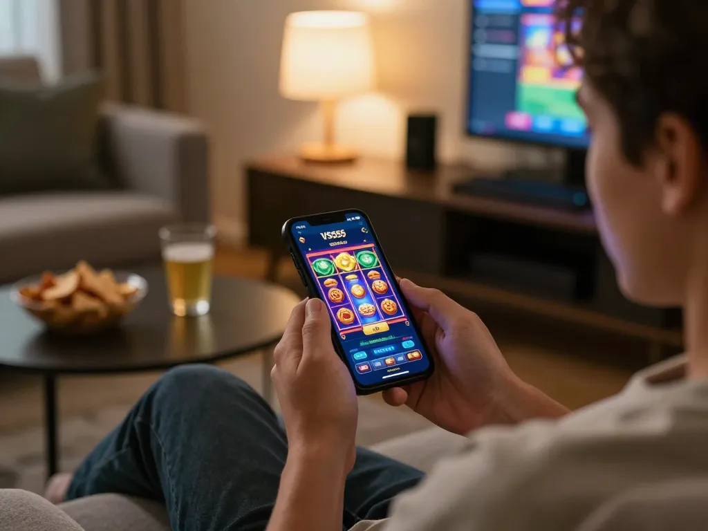 Engaging with VS555 app on smartphone at home for an exciting online gaming experience