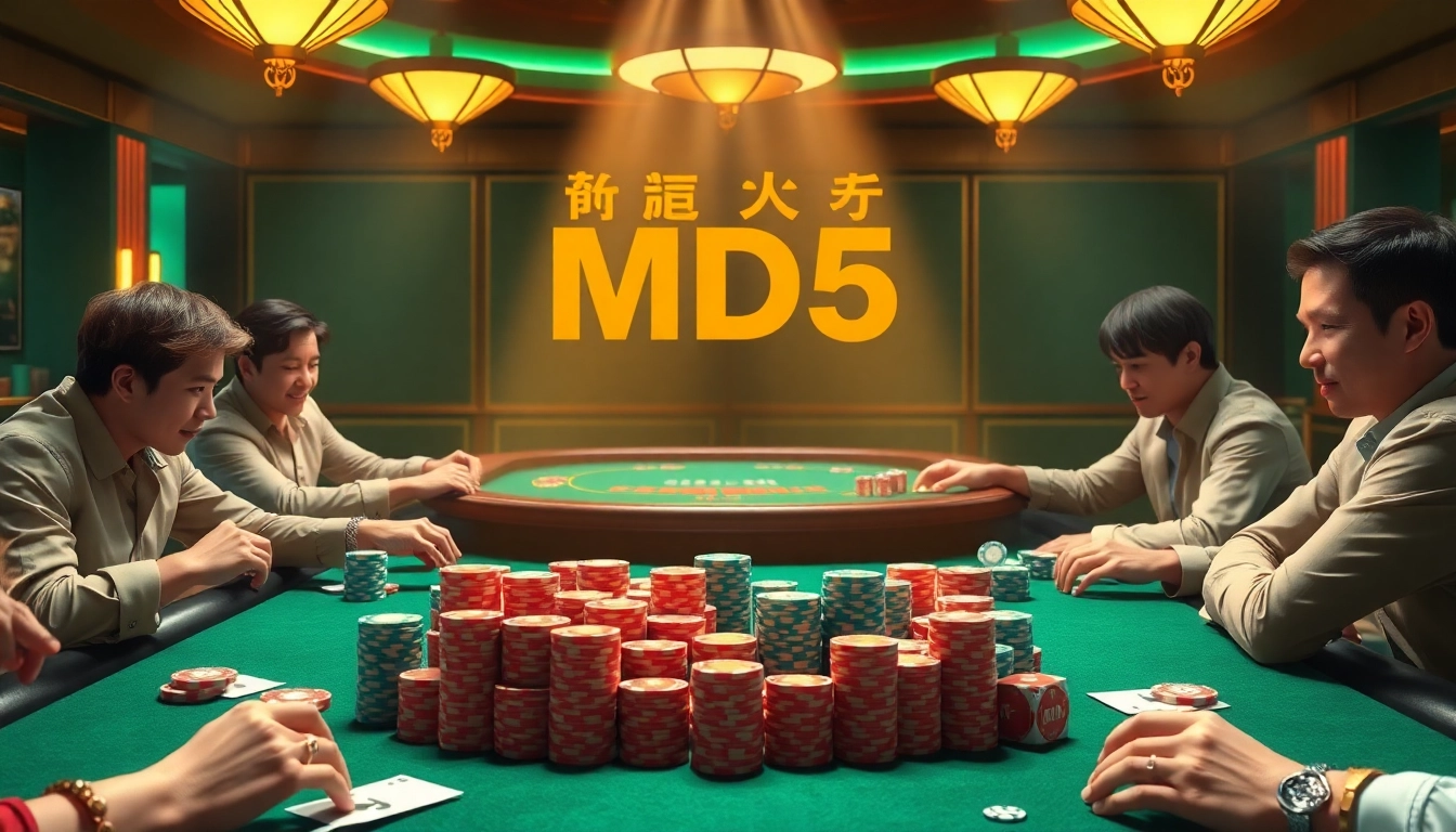 Tài xỉu MD5 betting action at a vibrant casino table with players and chips.