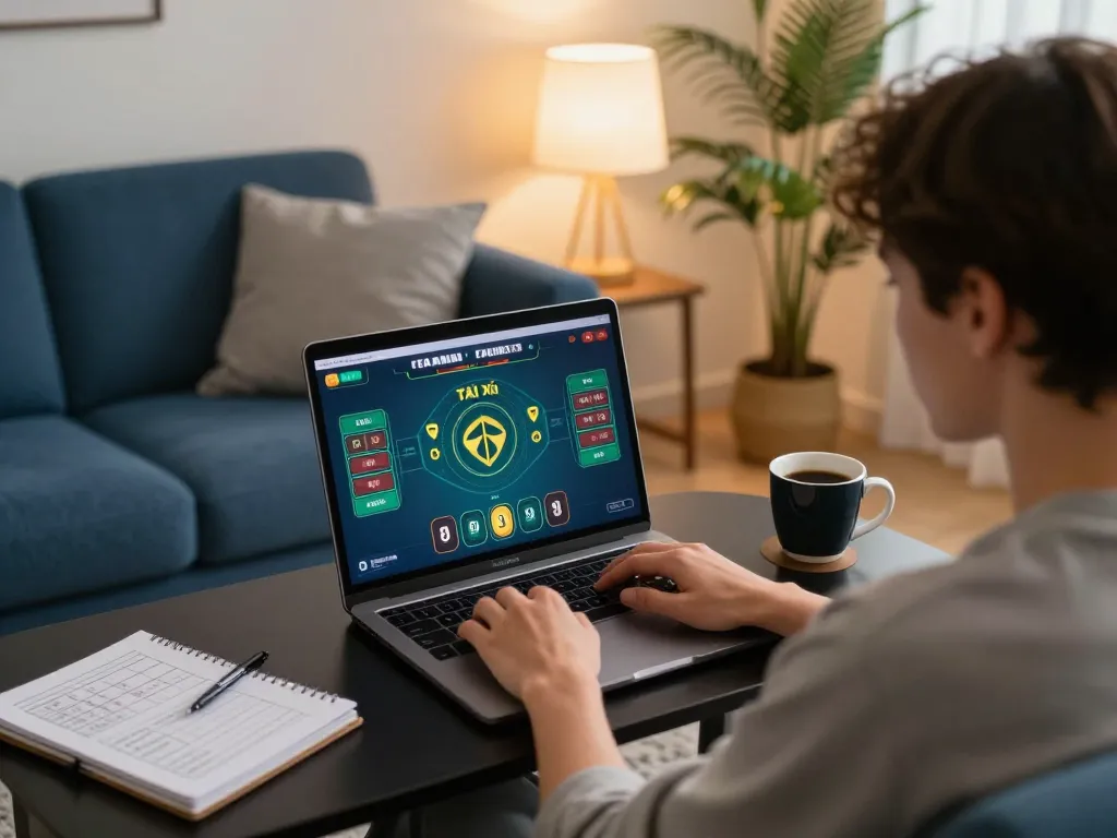 Tài xỉu online gameplay on laptop in a cozy home setting, showcasing a player engaged with betting strategy.
