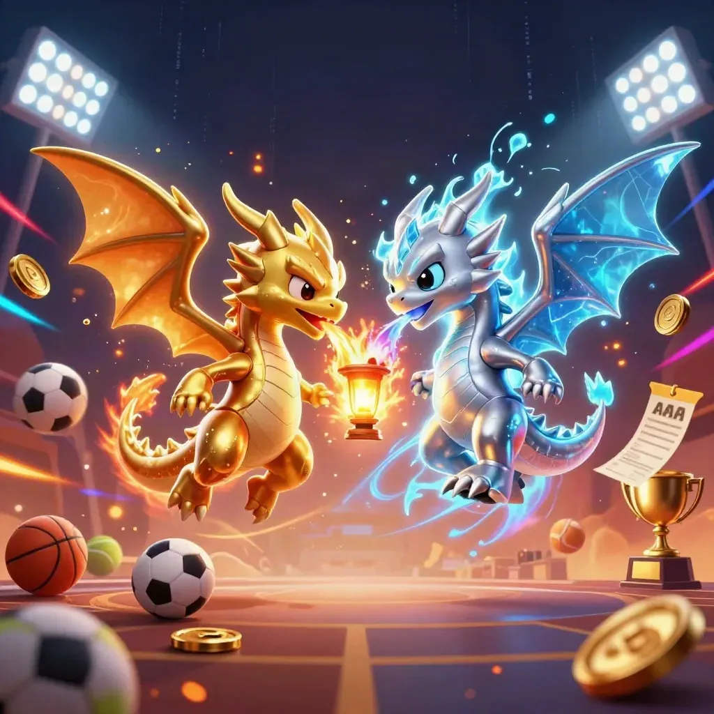 Twin gold and silver dragons whirl around a lantern spirit with sports balls, trophy and coins.