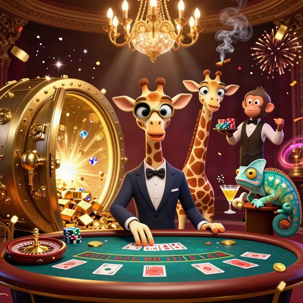 Cartoon giraffe, monkey valet and chameleon bartender in a luxe casino room bursting with gold and jewels.