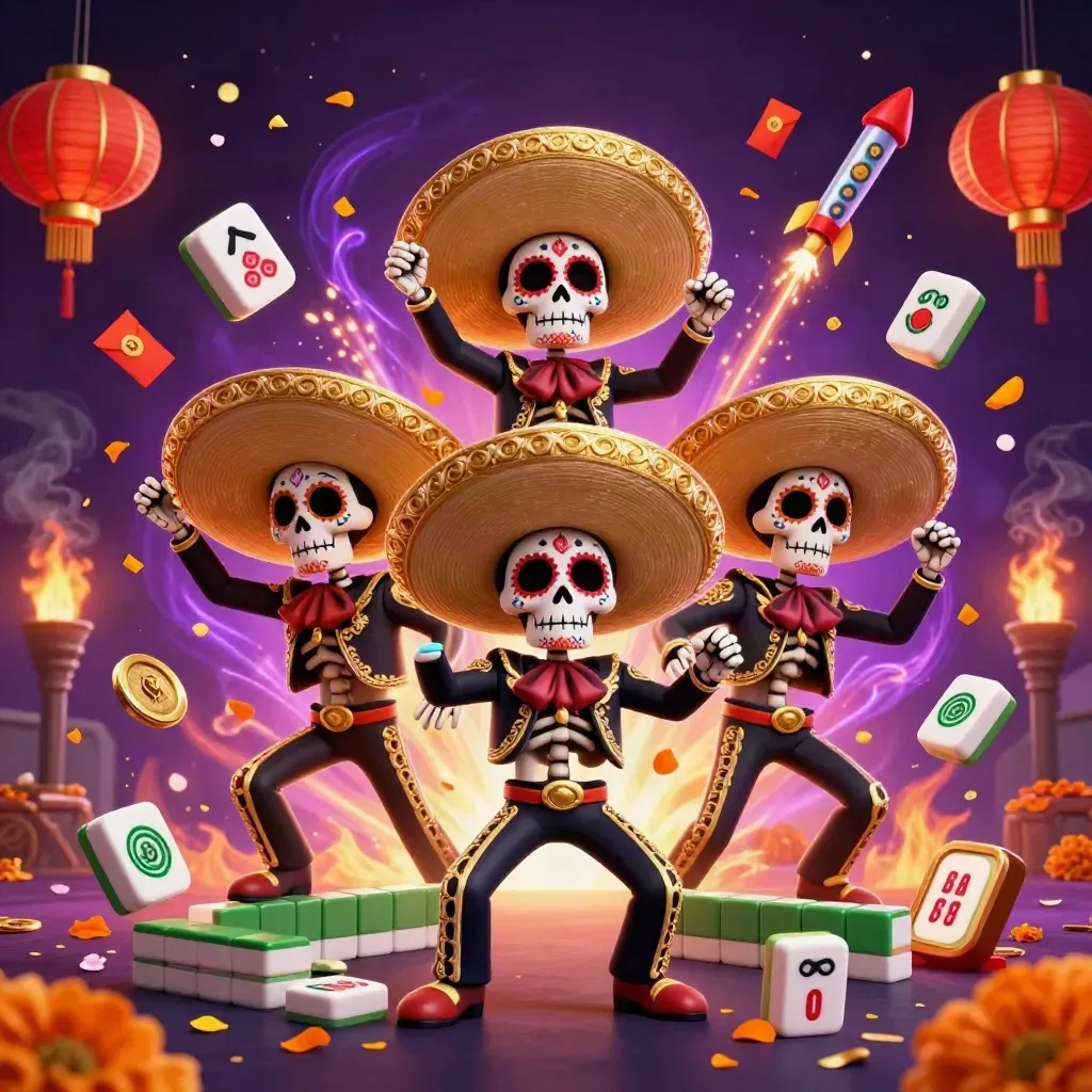 Three skeleton mariachi heroes amid casino charms, lanterns, coins, petals, and neon energy.