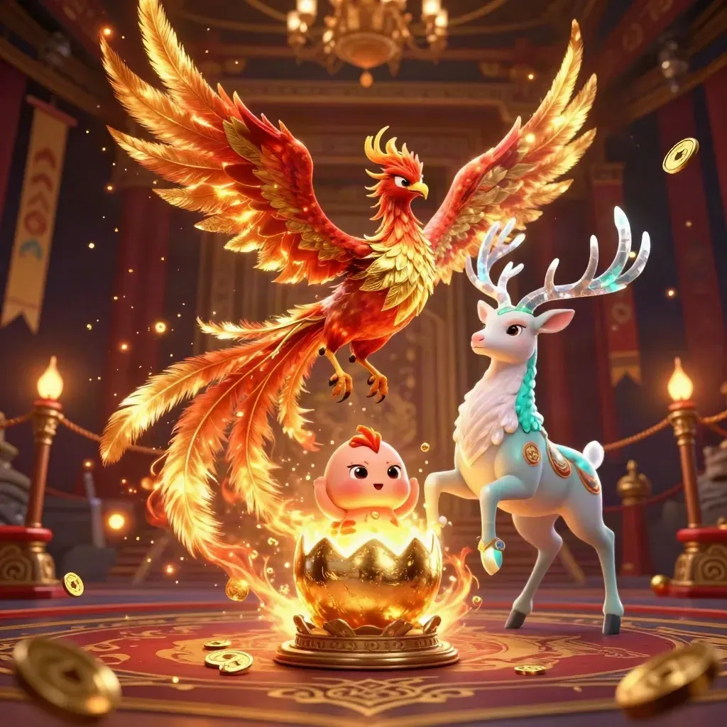 Phoenix, hatchling, and crystal stag amid gold feathers, temple gates, coins, and glowing casino lights