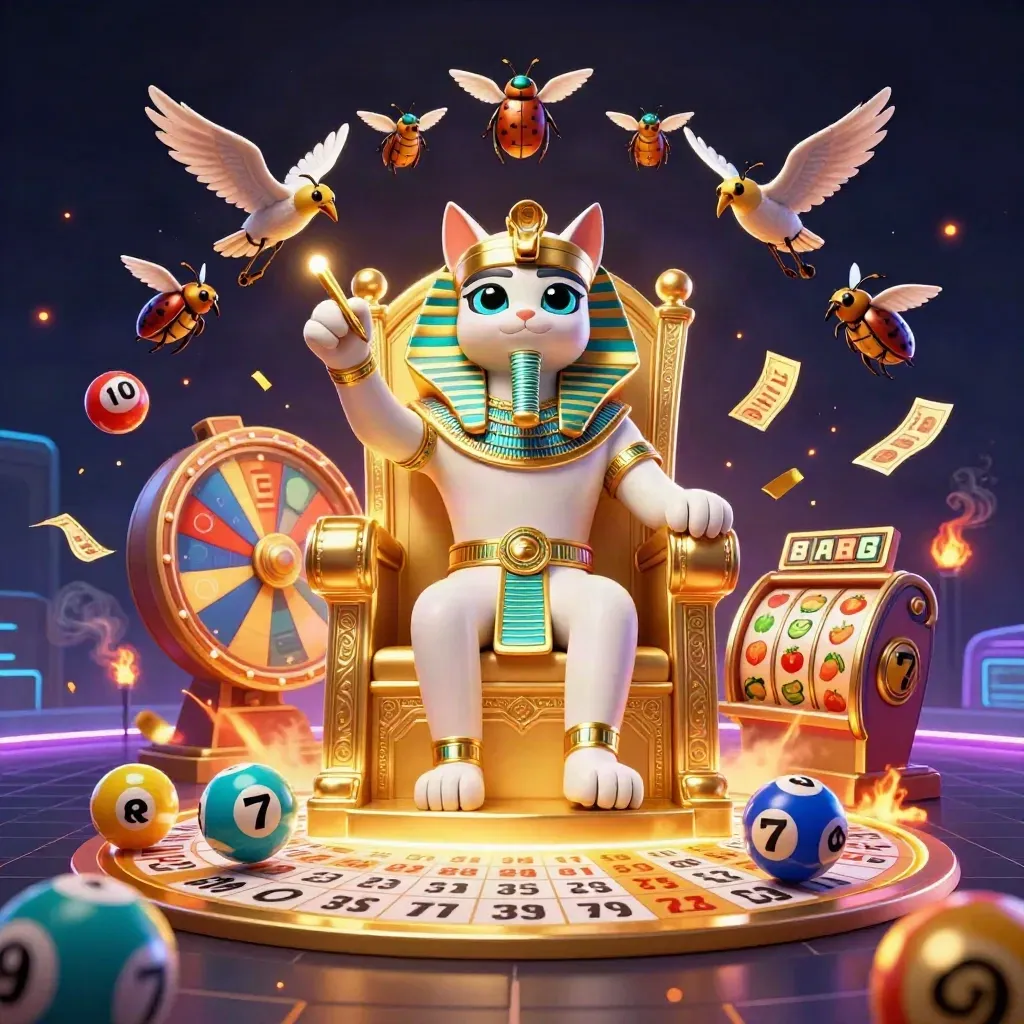 Pharaoh cat on a golden throne with ibis scribe, scarabs, bingo balls, prize wheel, and neon casino effects.