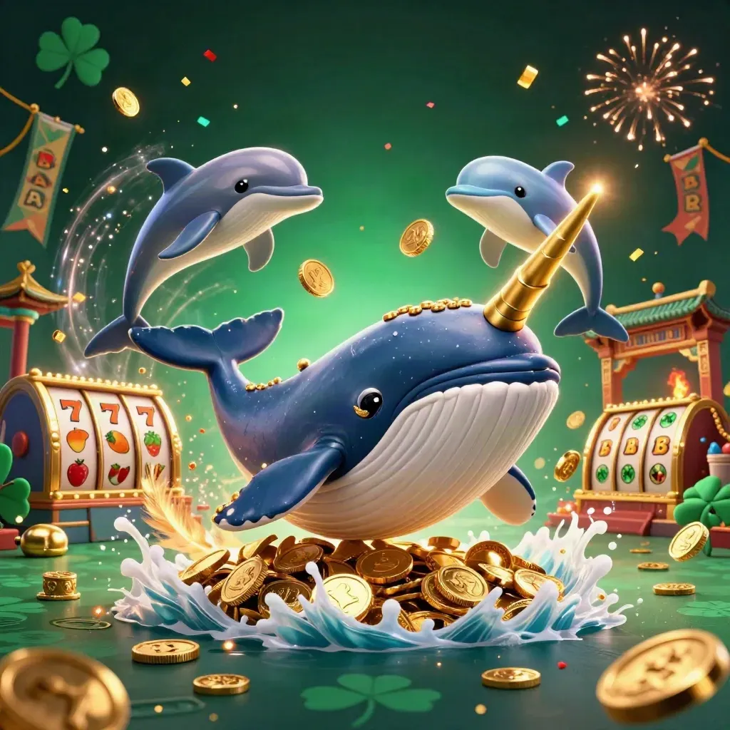 Captain whale, narwhal, and dolphins in a golden coin storm with casino magic
