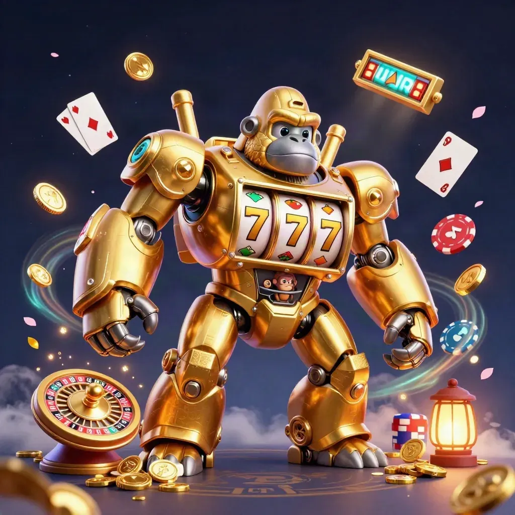 Golden gorilla slot-mech with monkey pilot, coins, cards, roulette wheel, and glowing casino effects