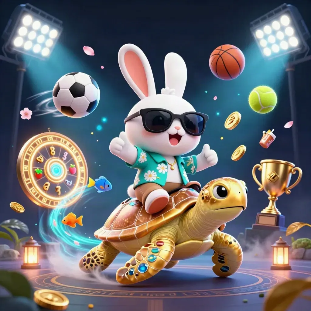 Lucky rabbit rides a golden turtle amid casino and sports effects, in dark premium fantasy art.