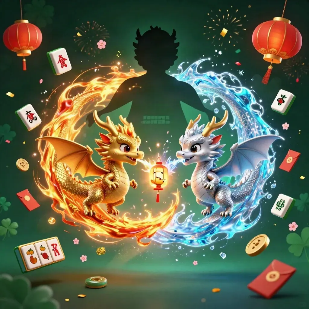 Twin gold and silver dragons spiral with lantern spirit amid casino lucky charms.