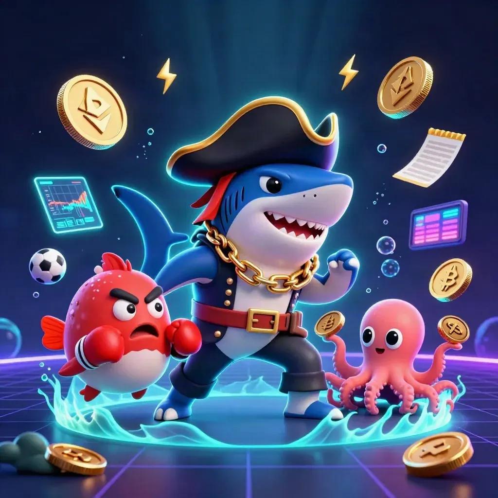 Cartoon shark captain, pufferfish and octopus amid glowing coins, sports gear and neon effects.