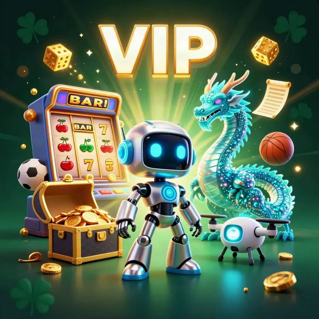 Cyberpunk robot, holographic dragon, coin drone, slots and gold bursting on a dark emerald casino backdrop