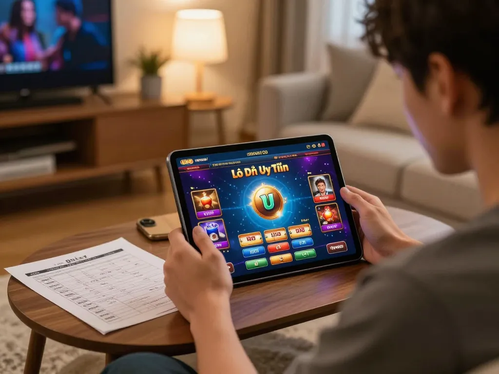 Lô Đề Uy Tín player analyzing strategies on tablet in cozy home environment