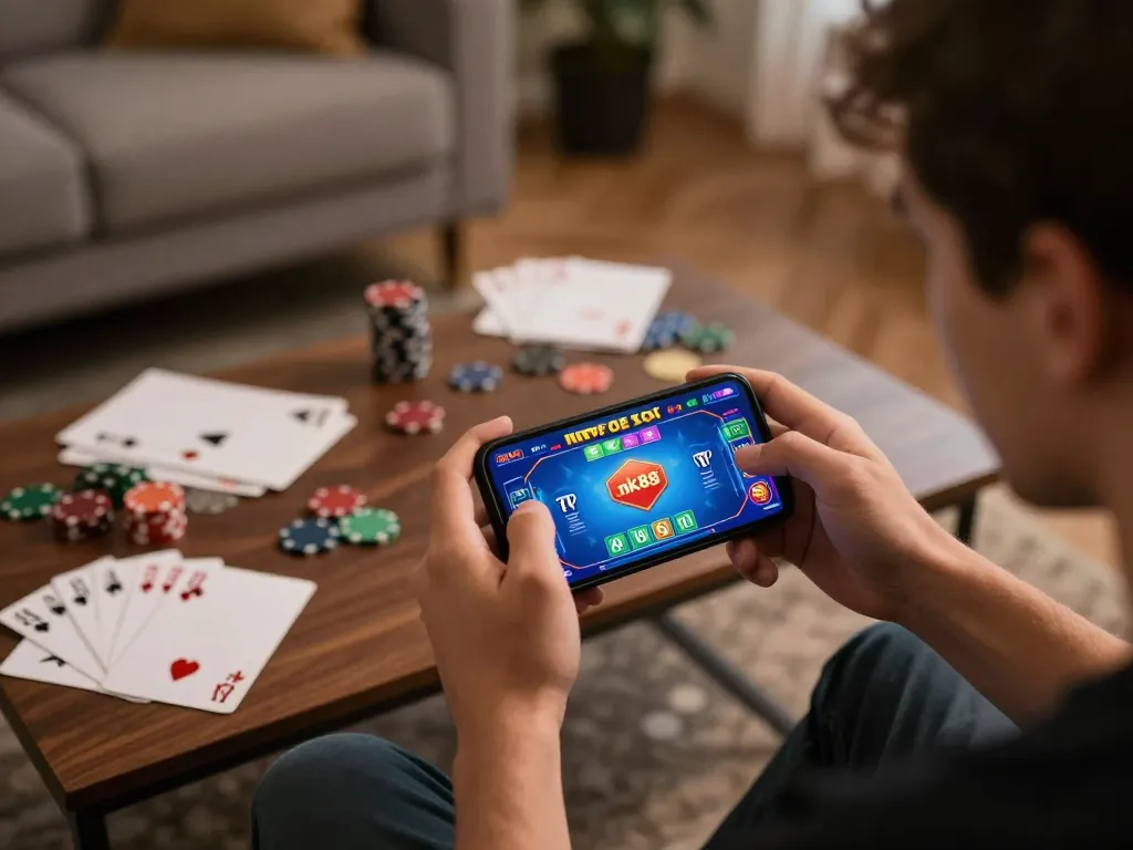 Engaged player using nk88 app for online poker, vibrant game interface, cozy home setting