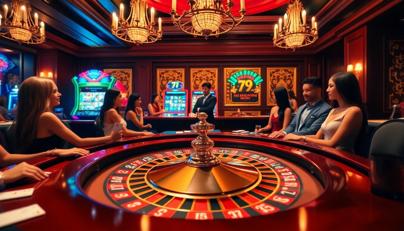 Engaged gamblers celebrating a win at the luxurious roulette table in the vibrant 79king casino.