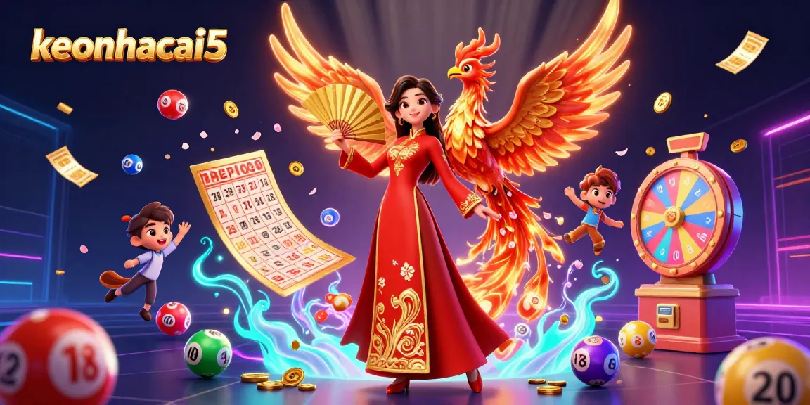 Join the excitement at keonhacai5 with colorful lottery elements and a cultural touch in a dynamic scene.