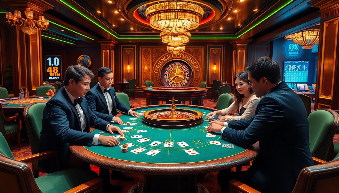 Experience the thrill of the 98win casino with live poker tables and vibrant gambling atmosphere.
