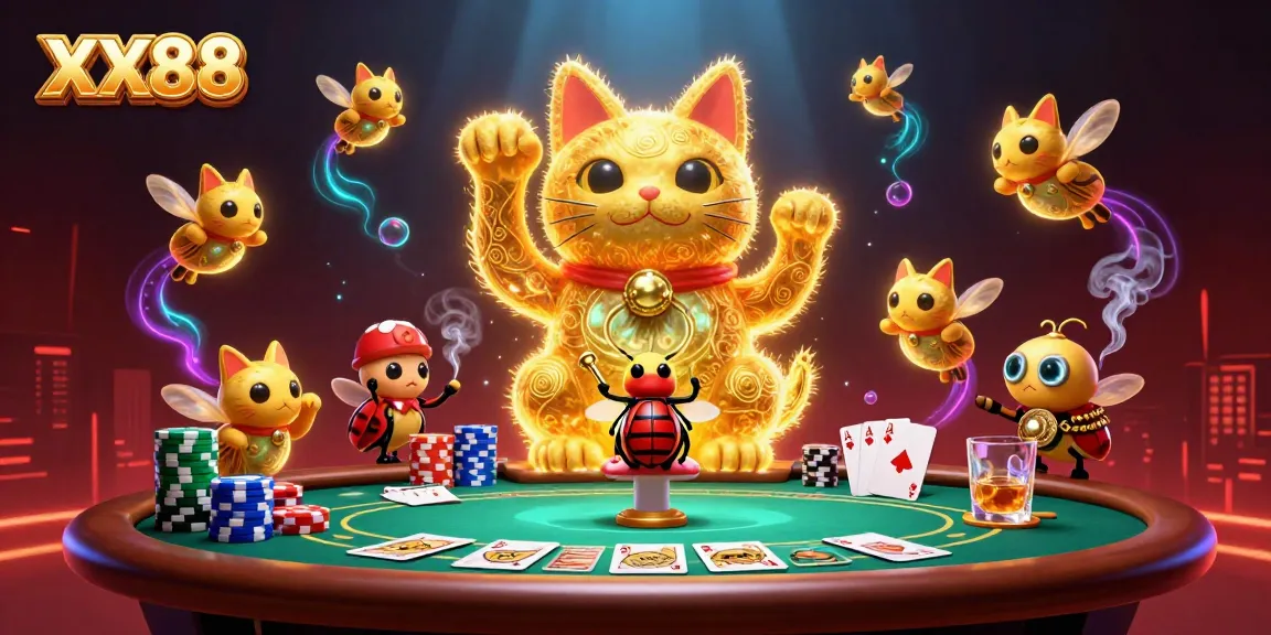 Experience the enchanting atmosphere of XX88 as golden fireflies form a lucky cat amidst dynamic casino symbols.