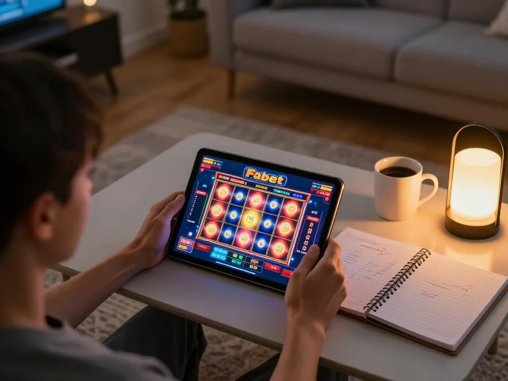 Engaged player enjoying Fabet online casino games on a tablet in a cozy living room