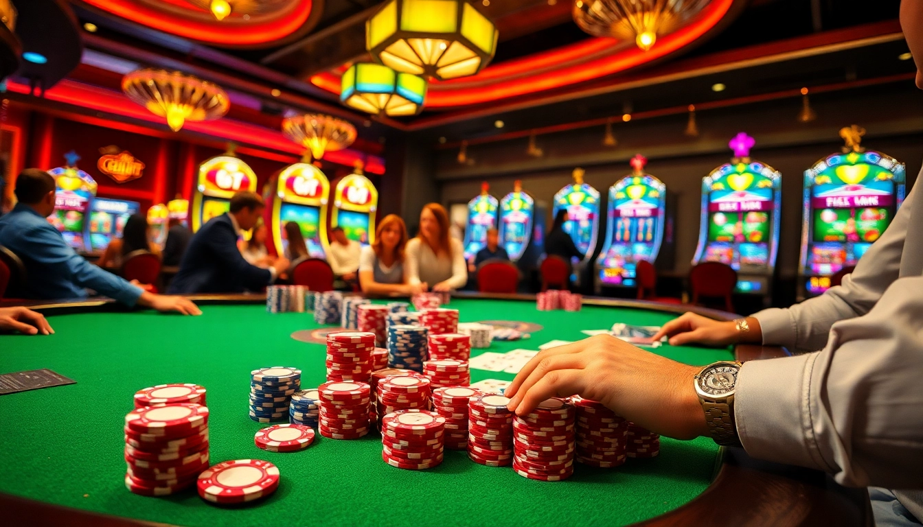 Players engaging in an exciting round of poker at 69vn's exclusive gaming table, showcasing vibrant cards and chips.