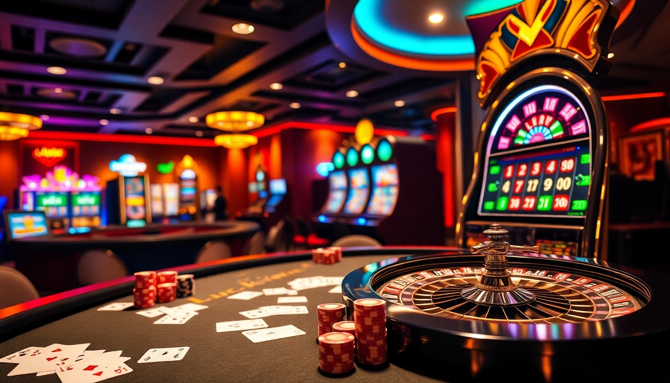 Experience the thrill of Luckywin with a vibrant casino scene showcasing roulette wheels and poker tables.