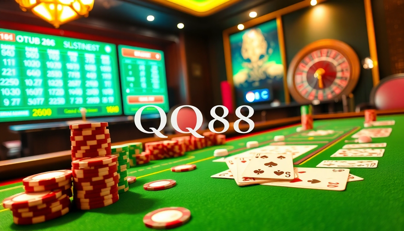 Playing cards and poker chips on a QQ88 casino table, showcasing an exciting gaming experience.