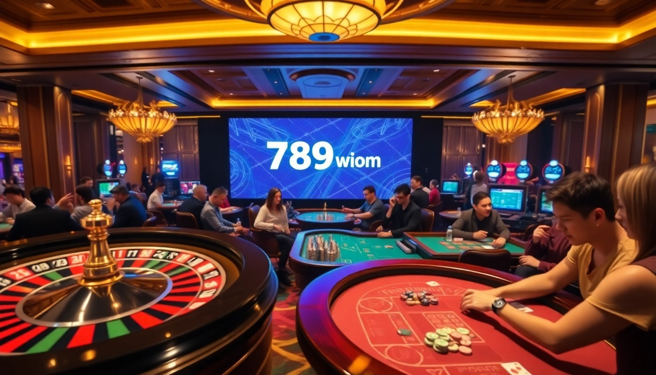 Excited gamblers at a luxury casino featuring the brand 789win com, engaging in poker and roulette.