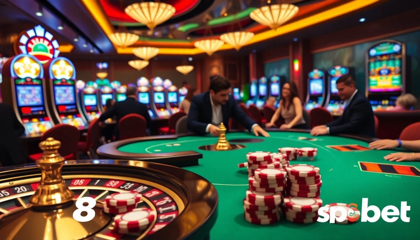 Experience excitement at sp8bet with a vibrant casino scene featuring poker chips and roulette.