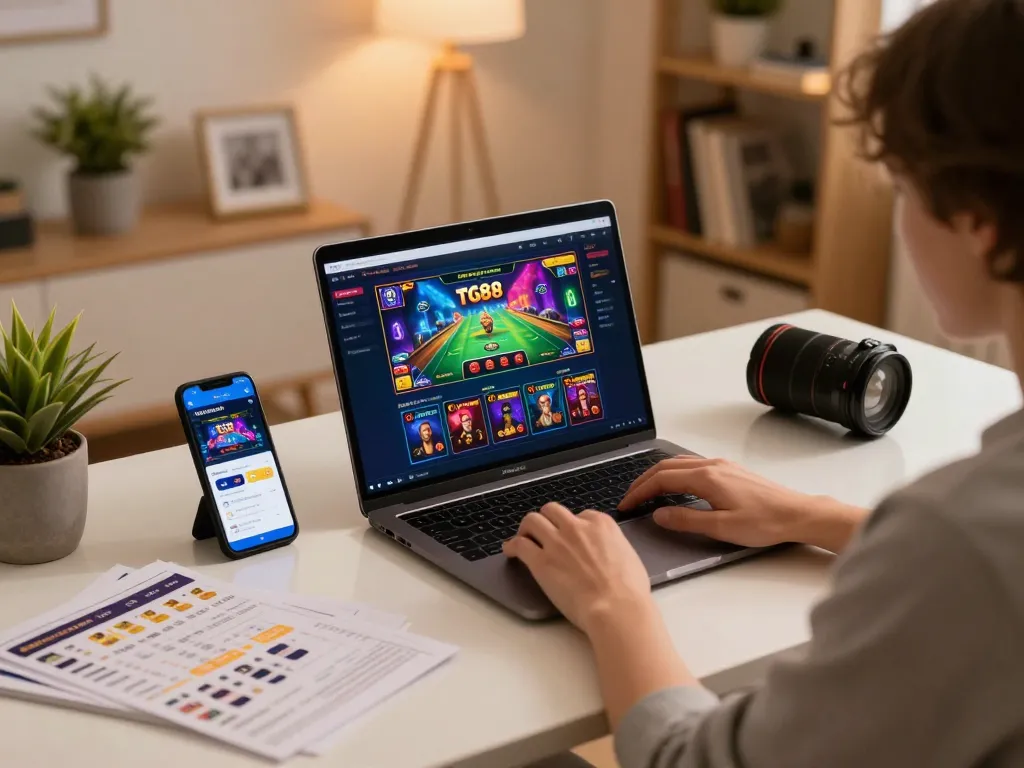 Engaging home gaming scene featuring TG88 online casino with player focused on laptop.
