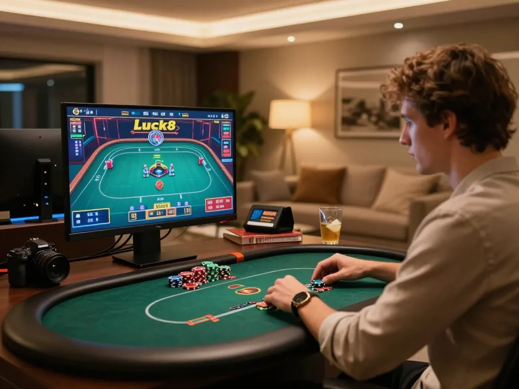 Engaging in Luck8 online poker game setup in a modern home casino environment.