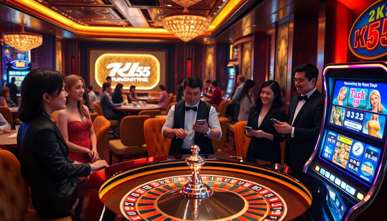 Experience the thrill of KK55 at an upscale casino, featuring a dynamic roulette table and vibrant slot machines.