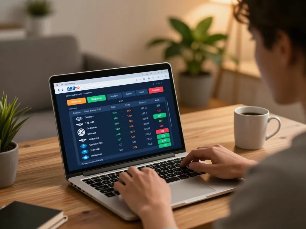 Engaging in live betting with 888top on a laptop showing sports odds and statistics.