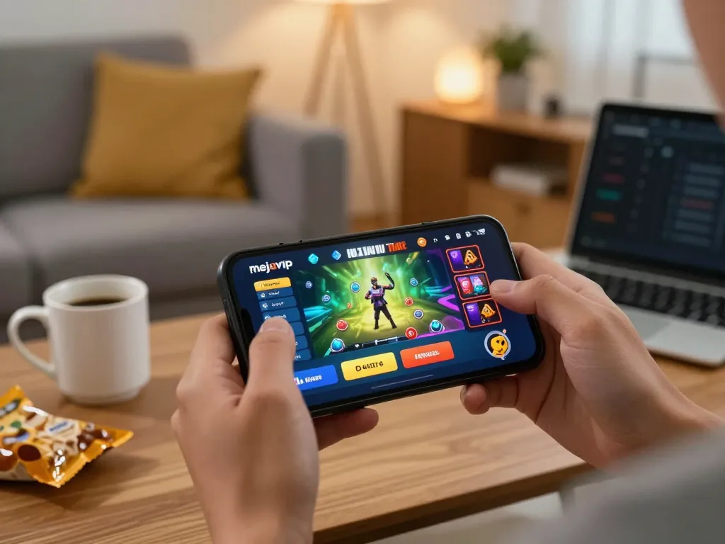 Bermain permainan mejavip togel online di smartphone dengan grafis yang menarik dan suasana rumah yang nyaman.