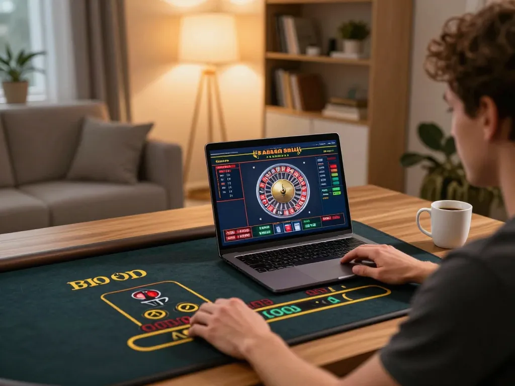 Enjoying vebotv live dealer roulette at home with a laptop in a cozy setting