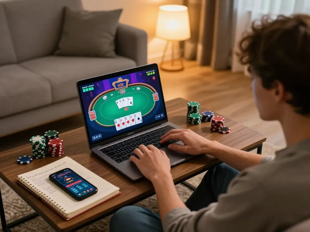 SV66 online gaming environment with a player engaging in a poker game, showcasing strategy notes and an inviting atmosphere.