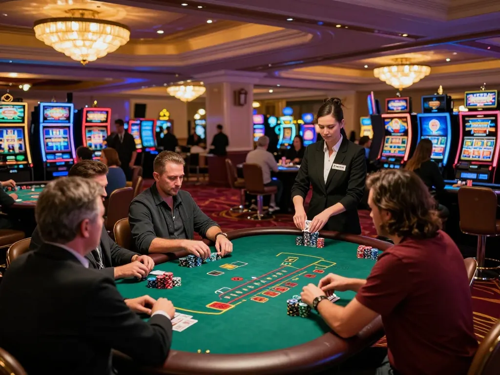 Playing blackjack at 68win casino with vibrant table action and engaged players, showcasing strategic gameplay.