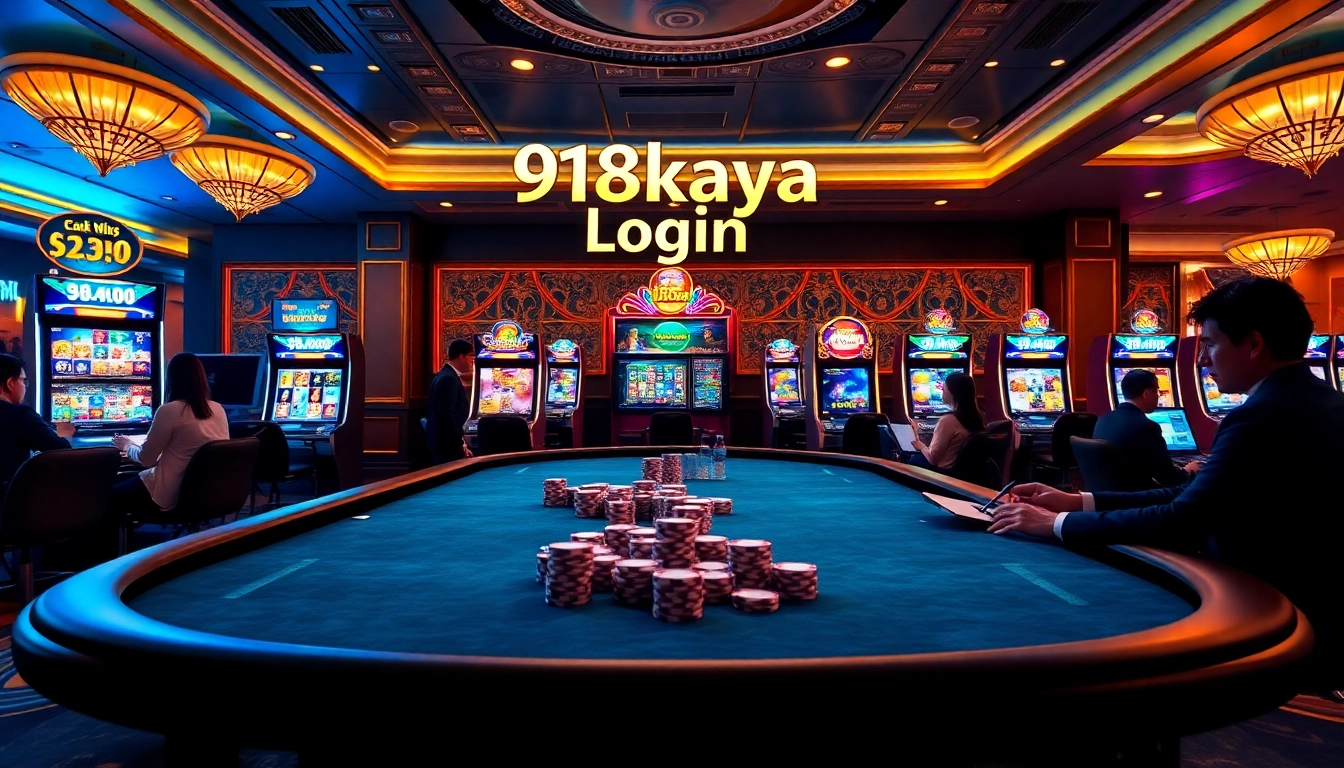 Experience the thrill of gambling with 918kaya Login featuring vibrant slot machines and casino elements.