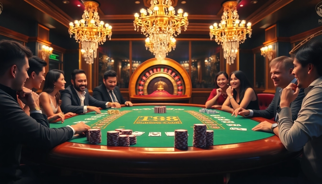 TG88 players enjoying a high-stakes poker game at a glamorous casino table.